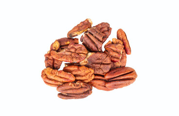 Small pile of dry pecan halves without shell isolated on white background, top view