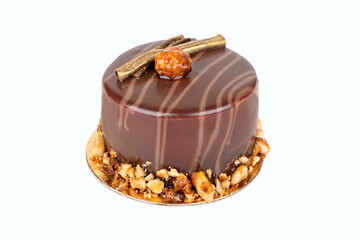 Chocolate cake with salty and sweet caramel inside, doused with icing with nuts.