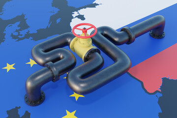 Difficult way of gas from Russia to European Union. Gas pipeline on Europe map. 3D illustration - obrazy, fototapety, plakaty