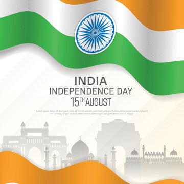 15 th August Indian Independence Day poster template design with Indian flag, Ashoka Chakra and silhouette of Indian monument.
