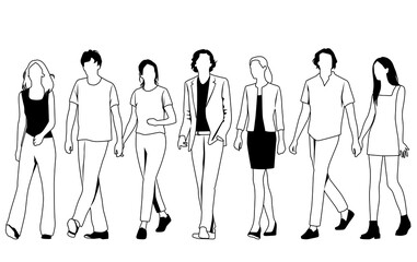 Vector silhouettes of  men and a women, a group of walking  business people,  linear sketch, black and white color isolated on white background