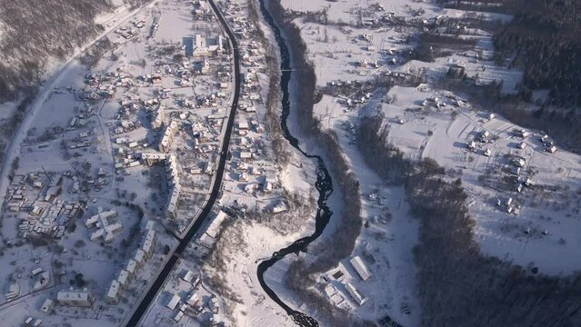 Top Down Aerial View of the Small Town in Sunny Winter Day, Drone 4k Footage