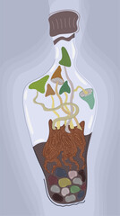 Vector illustration of mushrooms in a bottle. Psychedelic concept.