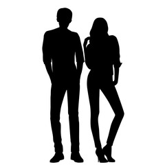 Vector silhouettes of  man and a woman, a couple of standing  business people, profile, black  color isolated on white background