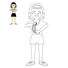 Cute girl standing smiling in her hand banana. Cheerful character after fitness, aerobics and yoga class linear vector illustration. Coloring book for children.