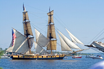 The U.S. Brig Niagara tall ship sailing through the Duluth harbor celebrating Duluth's Maritime Festival.  Duluth Minnesota MN USA