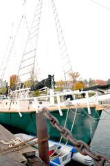 Sailboat parked in marina slip.