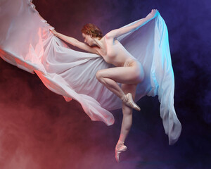 charming ballerina posing with chiffon fabric in a studio in colored smoke