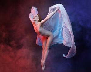 charming ballerina posing with chiffon fabric in a studio in colored smoke © Vadzim