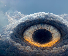 a giant eye watches from the clouds