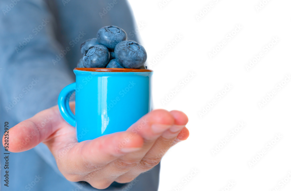 Poster small enamel mug full of blueberries in hand