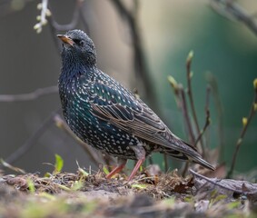 The starling bird stands on the ground - Powered by Adobe