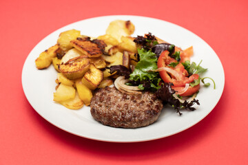 fresh grilled hamburgers with potato and salad in small bowl