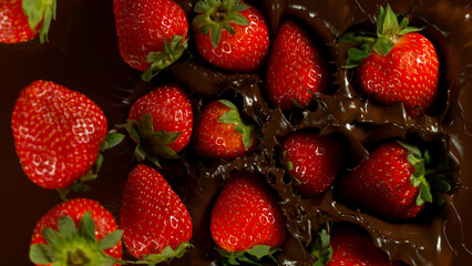 Falling Strawberries into Dark Hot Melted Chocolate, Close-up.