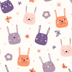 Seamless pattern with cute bunny faces. Rabbit with butterflies and flowers. Summer baby simple abstract print. Vector graphics.