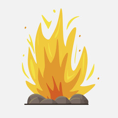 Flaming bonfire isolated on white background. Realistic campfire vector illustration. Flame in flat style. Kindling a fire. Warming up by the fire.