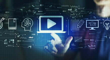 Webinar concept with young man touching a digital screen at night