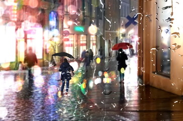  Rain city  autumn evening in city night light neon reflection rainy drops on wet pavement people walk with umbrellas in old town of Tallinn