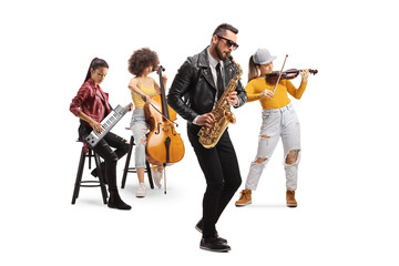 Music band consisting of female musicians on cello, violin and keytar and a man with a saxophone