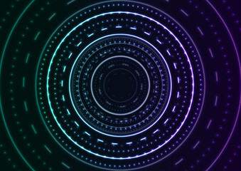Glowing neon abstract futuristic background with round dotted lines. Technology vector design