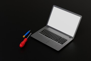modern technologies. laptop broken repair. screwdriver next to laptop on black background. 3d illustration. 3d render