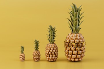 a pineapple. vitamins. summer rest. funny fruits. pineapple in yellow sunglasses next to patterns of other pineapples on a yellow background. 3d illustration. 3d render