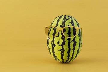 watermelon. summer fruits, vitamins. funny fruits. watermelon in yellow sunglasses on a yellow background with space for text. 3d illustration. 3d render