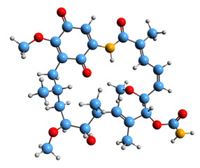  3D image of Geldanamycin skeletal formula - molecular chemical structure of  1 4-benzoquinone ansamycin antitumor antibiotic isolated on white background
