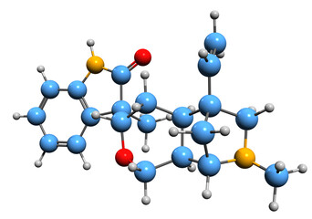  3D image of Gelsemine skeletal formula - molecular chemical structure of indole alkaloid isolated on white background
