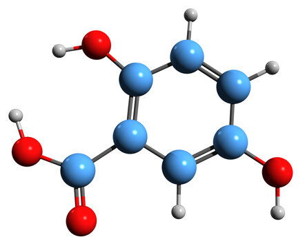  3D image of Gentisic acid skeletal formula - molecular chemical structure of  dihydroxybenzoic acid isolated on white background
