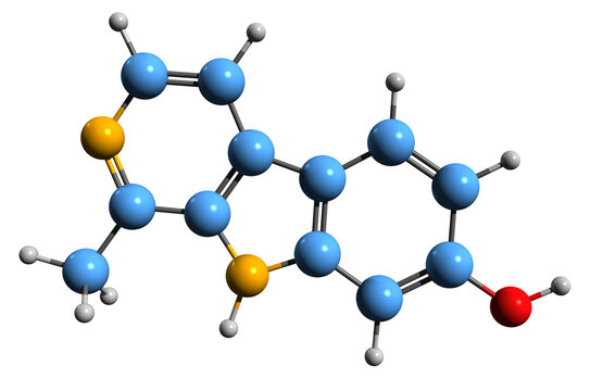 3D image of Harmol skeletal formula - molecular chemical structure of harmine metabolite isolated on white background
