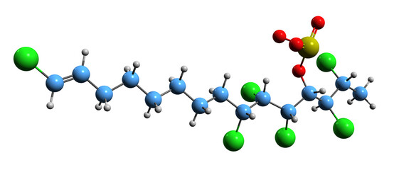  3D image of Hexachlorosulfolipid skeletal formula - molecular chemical structure of Chlorosulfolipid isolated on white background
