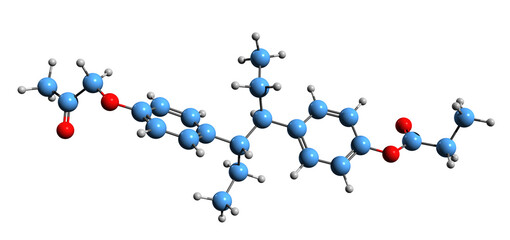  3D image of Hexestrol dipropionate skeletal formula - molecular chemical structure of synthetic, nonsteroidal estrogen isolated on white background
