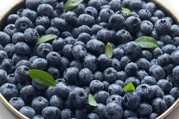 Blueberries with green leaves in drops of water close up. Fresh juicy blue berries.