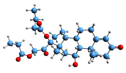  3D image of Hydrocortisone buteprate skeletal formula - molecular chemical structure of hydrocortisone butyrate propionate isolated on white background
