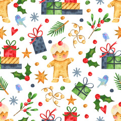 Watercolor seamless pattern of cute gingerbread with elements - stars, gifts, snowflakes, birds, hearts, Christmas tree branch. Perfect for wrapping paper.