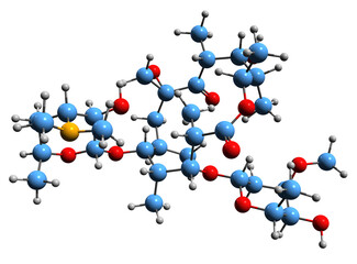 3D image of Oleandomycin skeletal formula - molecular chemical structure of  macrolide antibiotic Е704 isolated on white background
