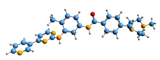  3D image of Imatinib skeletal formula - molecular chemical structure of chemotherapy medication isolated on white background

