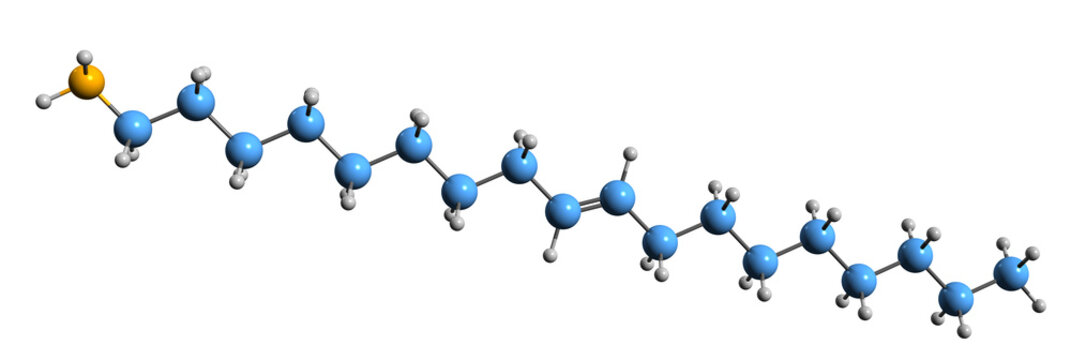  3D image of Oleylamine skeletal formula - molecular chemical structure of unsaturated fatty amine isolated on white background
