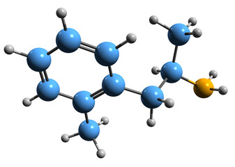  3D image of Ortetamine skeletal formula - molecular chemical structure of  stimulant drug 2-methylamphetamine isolated on white background
