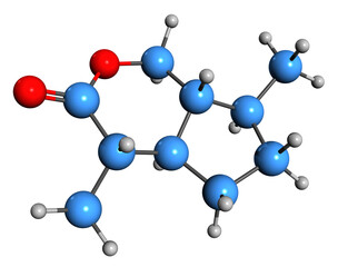  3D image of iridomyrmecin skeletal formula - molecular chemical structure of iridoid isolated on white background
