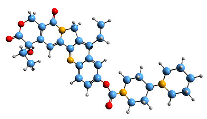  3D image of Irinotecan skeletal formula - molecular chemical structure of anti-cancer medicament isolated on white background