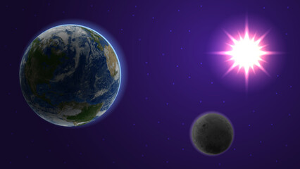 Fototapeta na wymiar Earth, Moon and Sun. Outer space with stars background.