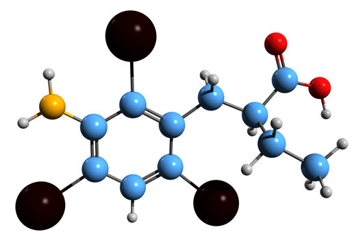  3D image of Iopanoic acid skeletal formula - molecular chemical structure of radiocontrast medium isolated on white background

