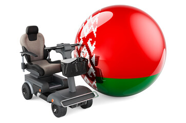 Belarusian flag with indoor powerchair or electric wheelchair, 3D rendering