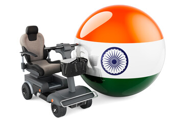 Indian flag with indoor powerchair or electric wheelchair, 3D rendering