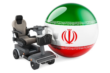 Iranian flag with indoor powerchair or electric wheelchair, 3D rendering