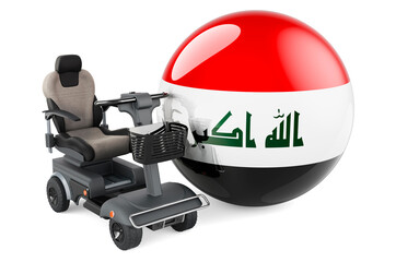 Obraz na płótnie Canvas Iraqi flag with indoor powerchair or electric wheelchair, 3D rendering
