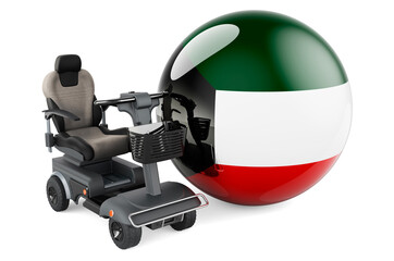 Kuwaiti flag with indoor powerchair or electric wheelchair, 3D rendering