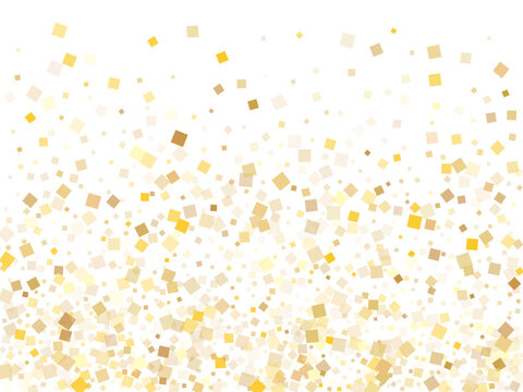 Birthday gold square confetti tinsels flying on white. Chic holiday vector sequins background. Gold foil confetti party explosion graphic design. Square pieces surprise backdrop.